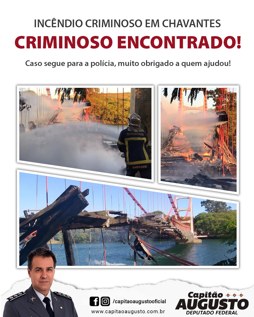 Deputado ofereceu recompensa por informações sobre autor do incêndio que destruiu Ponte Pênsil - sudoestepaulista