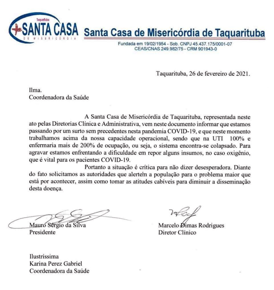 Superlotada de pacientes com Covid-19, Santa Casa de Taquarituba tem dificuldades em repor insumos - sudoestepaulista