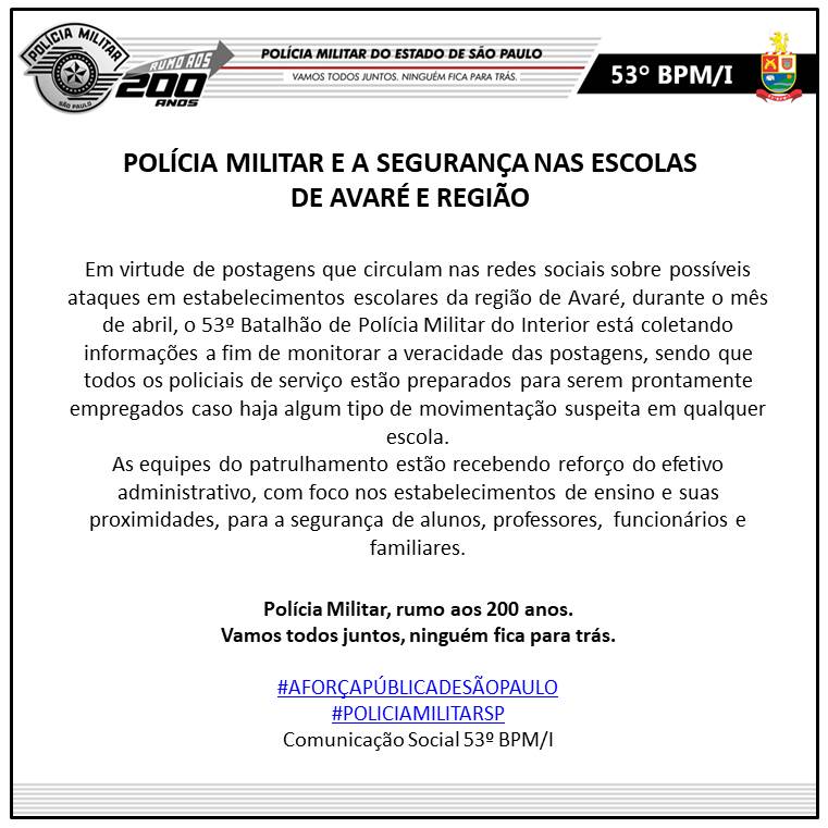 Rumores de ataques em escolas da região, colocam famílias e autoridades em alerta máximo e cancelam aulas em Itaporanga - sudoestepaulista