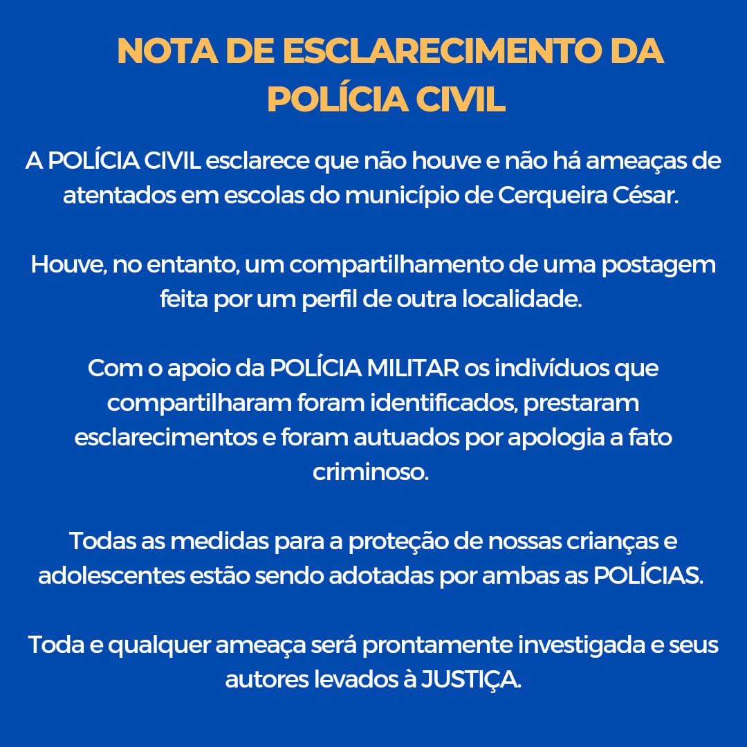 Rumores de ataques em escolas da região, colocam famílias e autoridades em alerta máximo e cancelam aulas em Itaporanga - sudoestepaulista